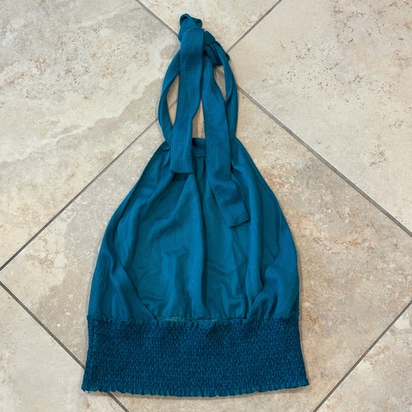 Free People Halter Top Womens M Teal Smocked Textured Boho Festival Tank Beachy - Picture 10 of 11